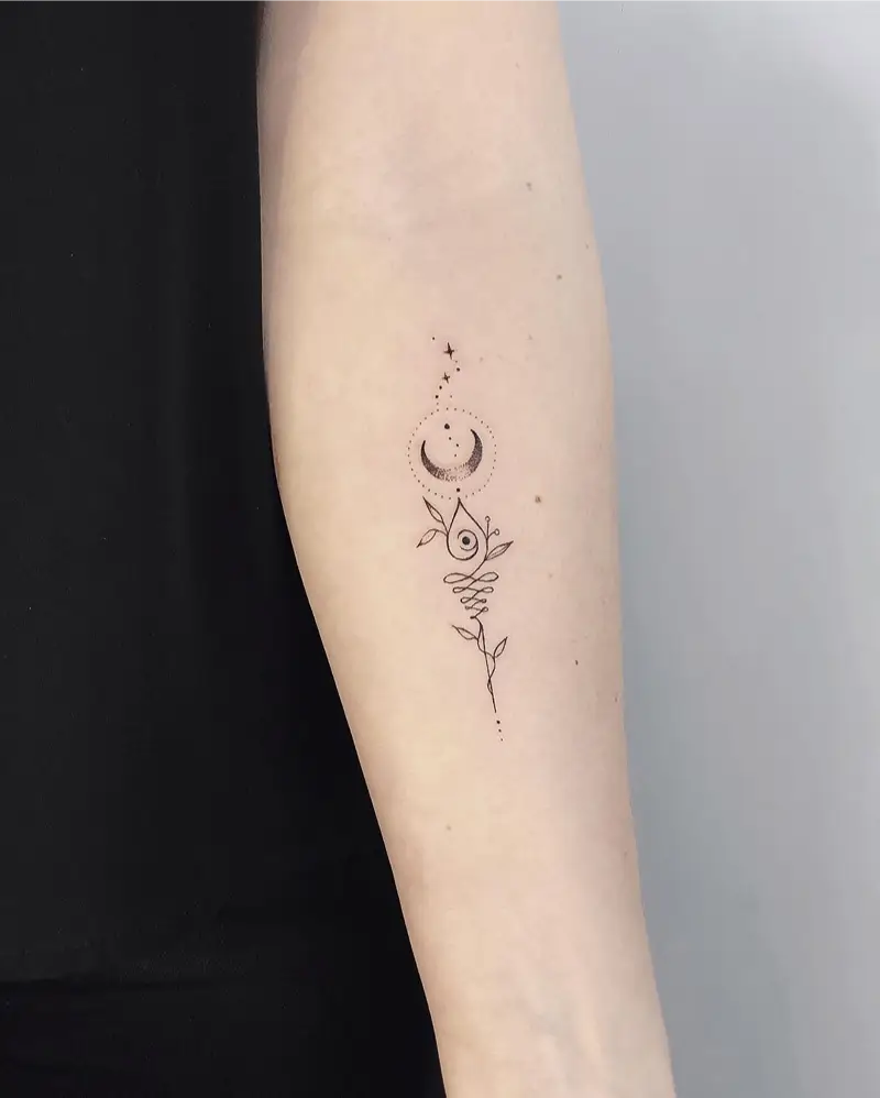 Botanical Moon Unalome Tattoo