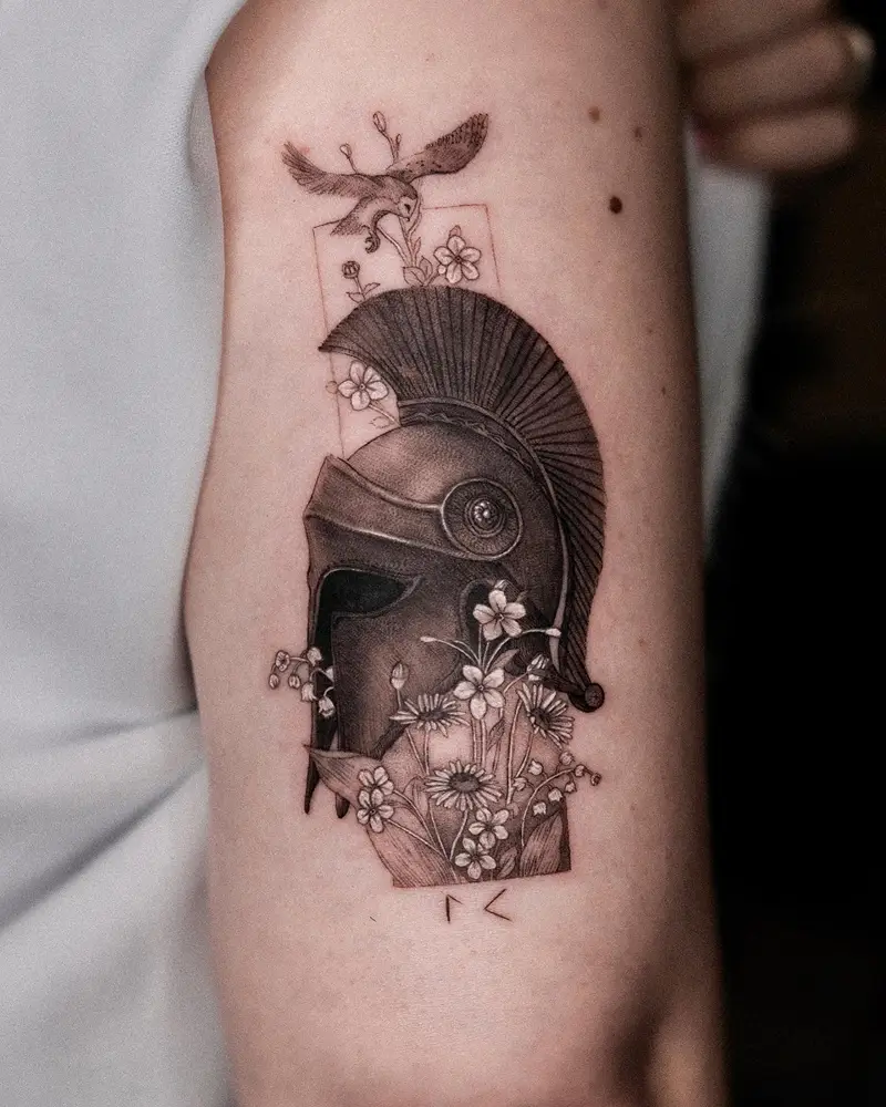 Botanical Spartan Helmet Athena Tattoo