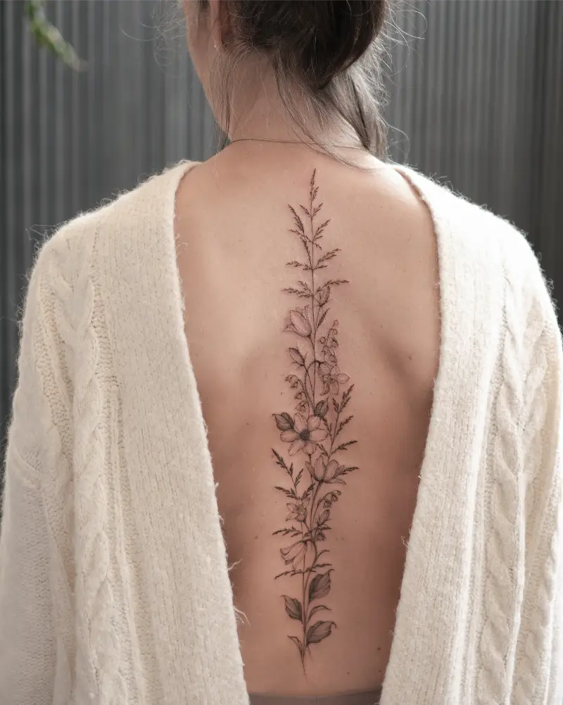 Botanical Wildflower Spine Tattoo