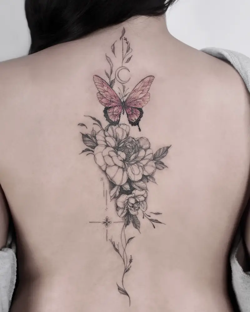 Butterfly and Peony Spine Tattoo
