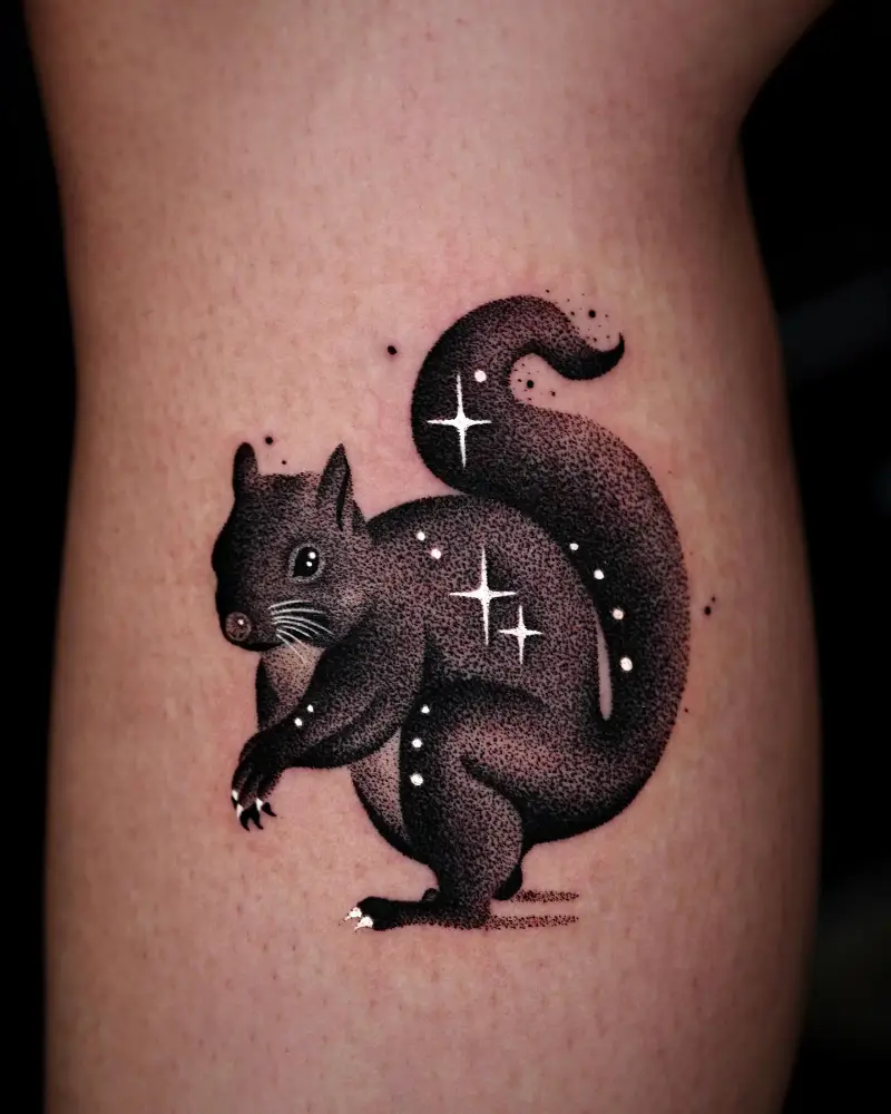 Celestial Blackwork Squirrel Tattoo