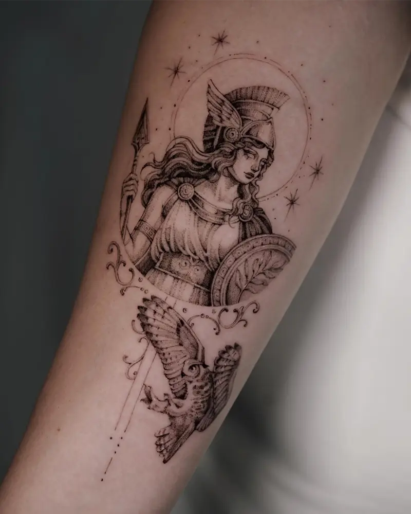 Celestial Fine Line Athena and Owl Tattoo