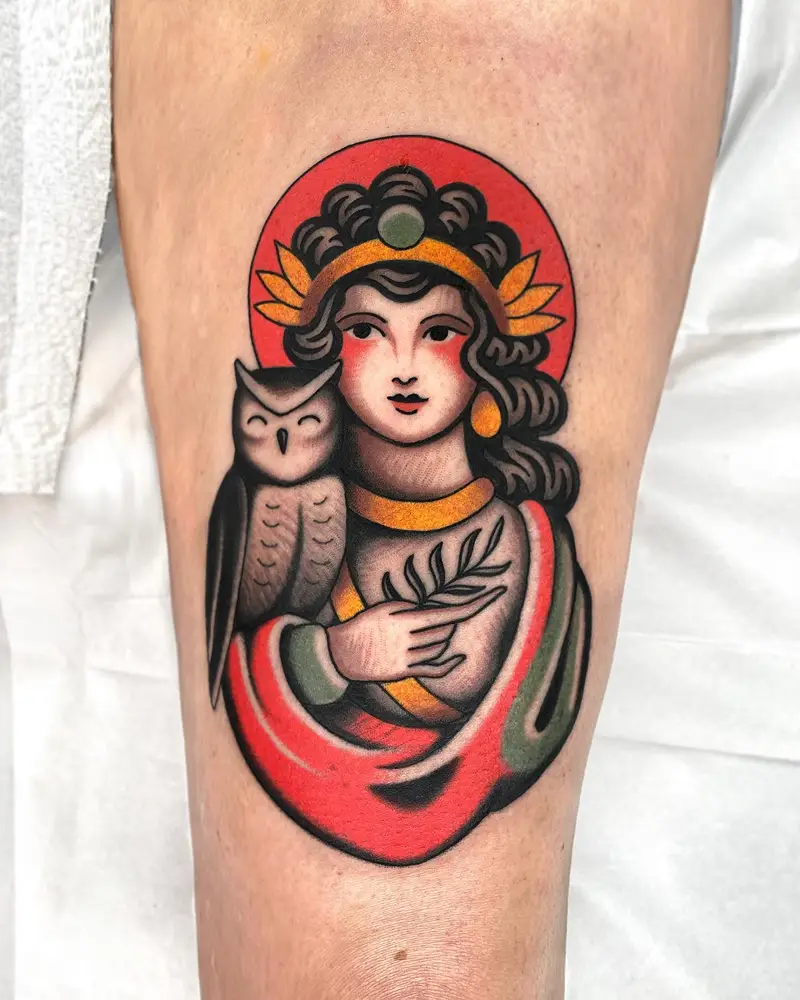 Charming American Traditional Athena Portrait Tattoo