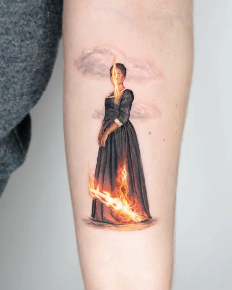 Cinematic Portrait of a Lady on Fire Fire Tattoo