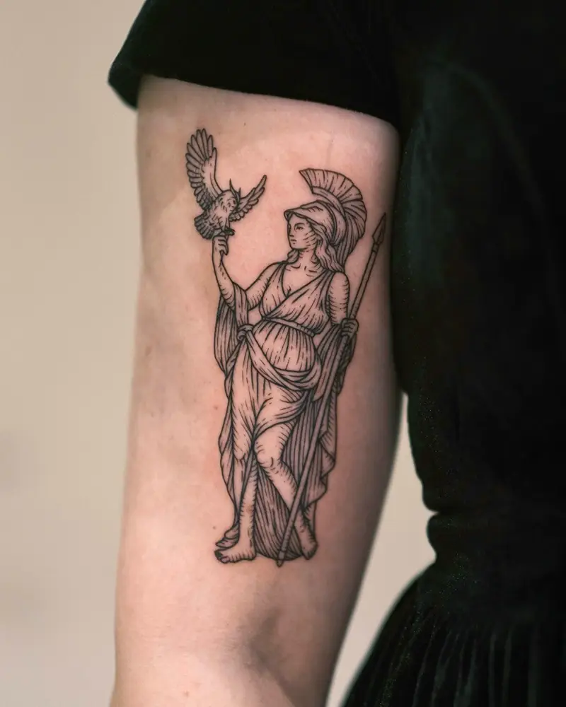 Classical Illustrative Athena and Owl Tattoo