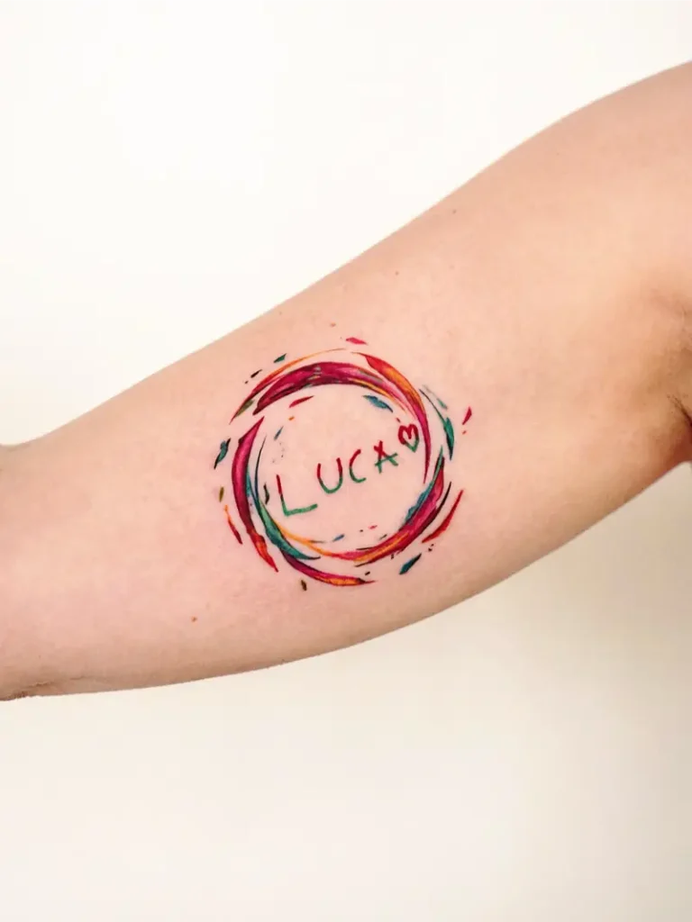 Colorful Handwriting Circle Tattoo