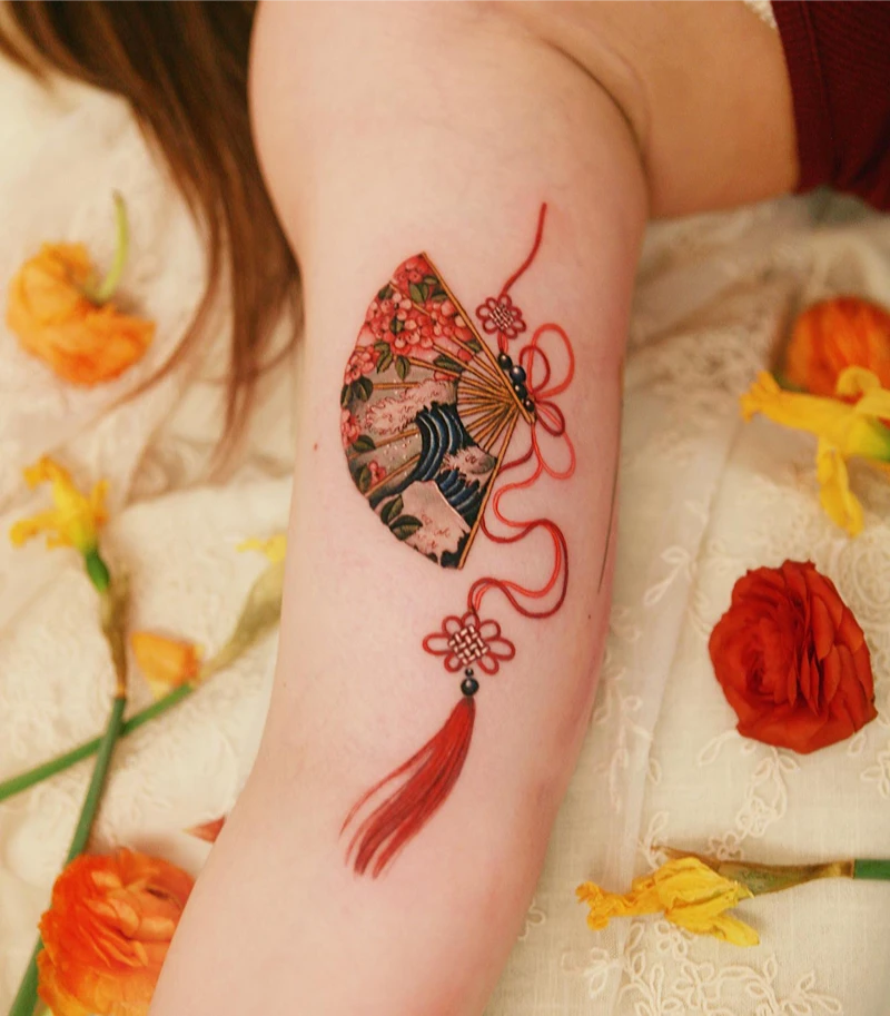 Colorful Landscape Fan Tattoo