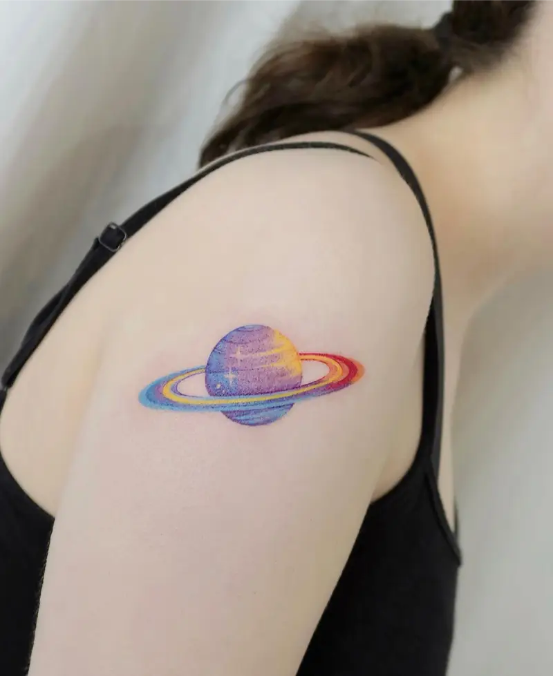 Colorful Saturn Planet Tattoo
