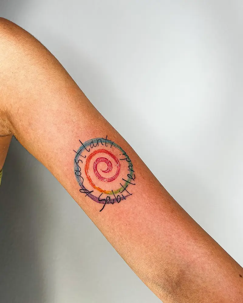 Colorful Spiral Quote Circle Tattoo