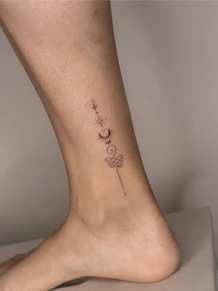 Crescent Moon Unalome Ankle Tattoo
