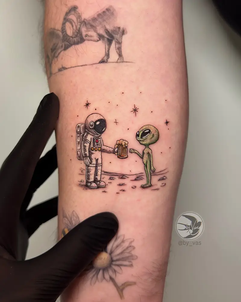 Cute Astronaut and Alien Beer Cheers Tattoo