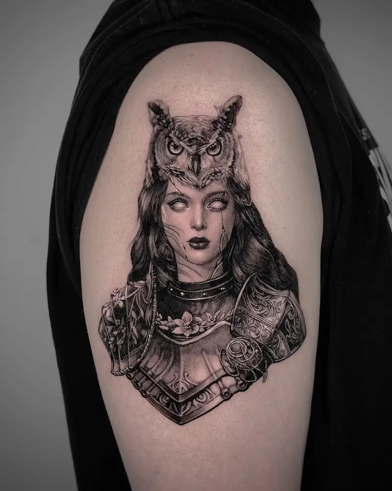 Dark Fantasy Athena Portrait Tattoo