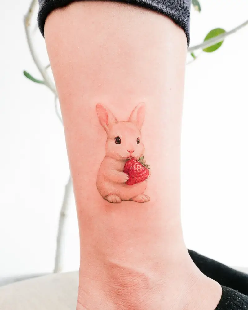 Delicate Bunny Holding Strawberry Tattoo