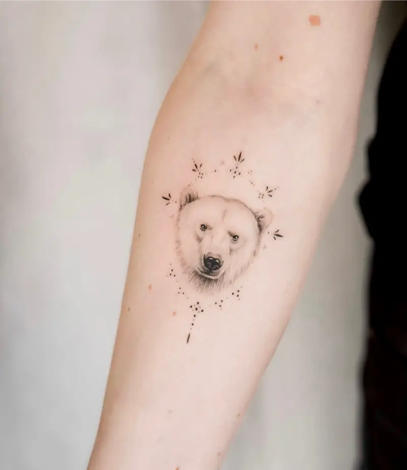 Delicate Dotwork Polar Bear Portrait Tattoo