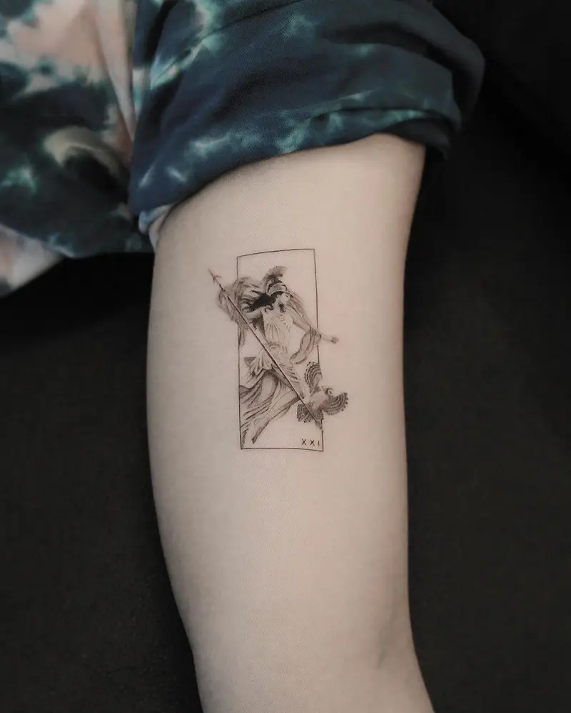 Delicate Fine Line Athena Panel Tattoo