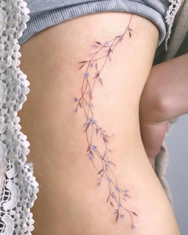 Delicate Fine Line Wildflower Vine Belly Tattoo