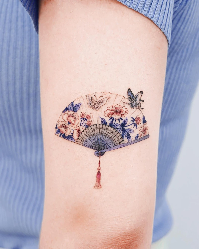 Delicate Floral Butterfly Fan Tattoo