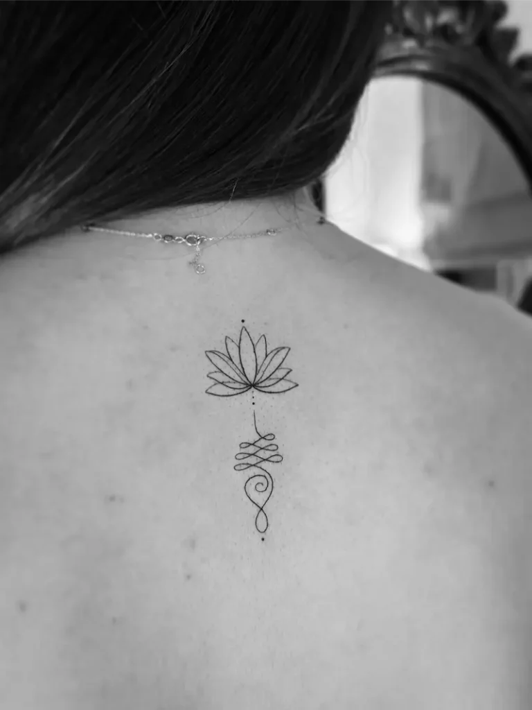 Delicate Lotus Back Unalome Tattoo