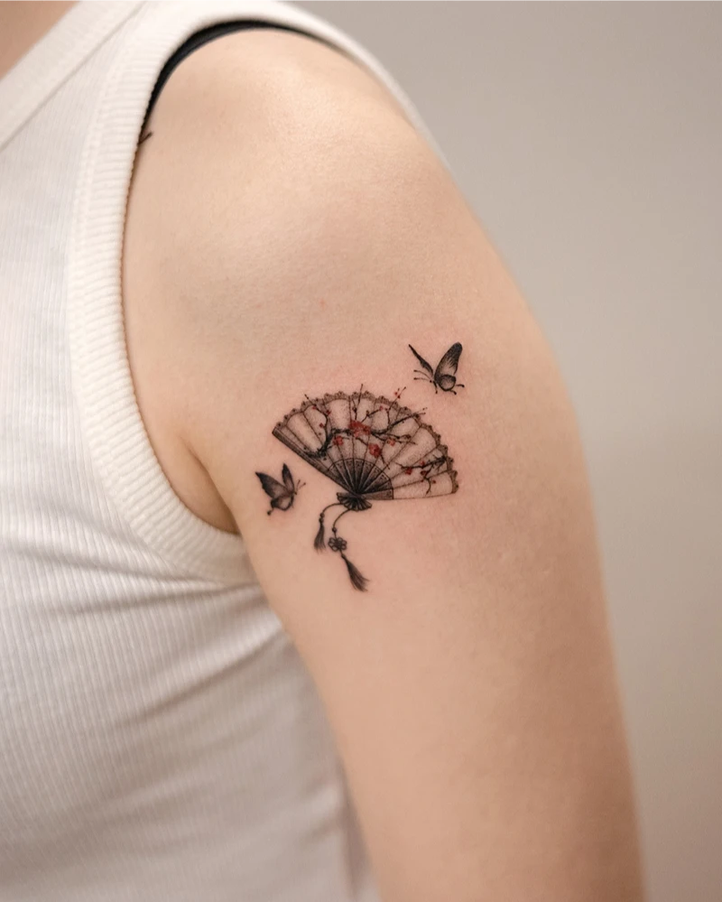 Delicate Micro Fan and Butterfly Tattoo