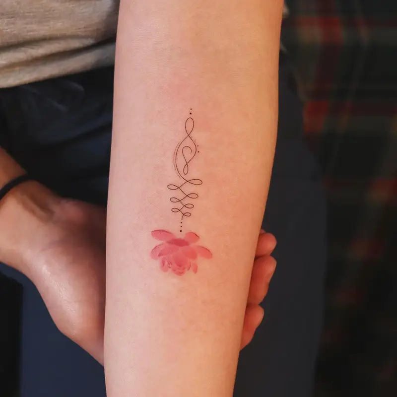 Delicate Pink Lotus Unalome Tattoo