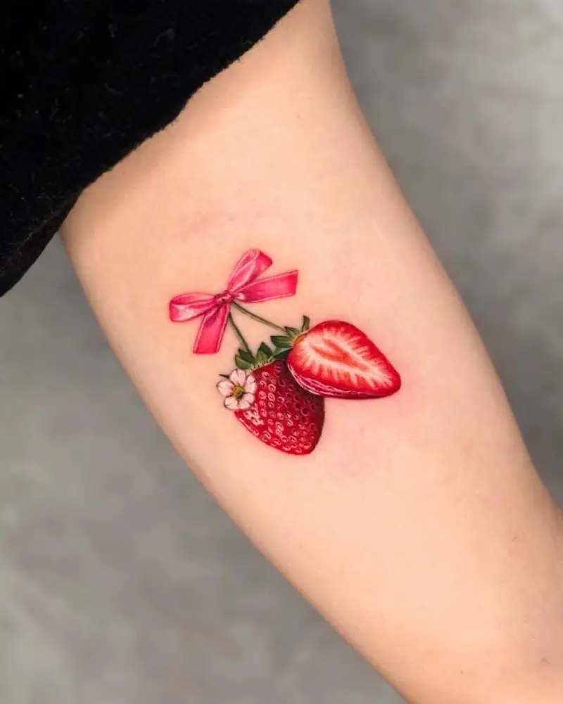 Delicate Ribbon Strawberry Tattoo