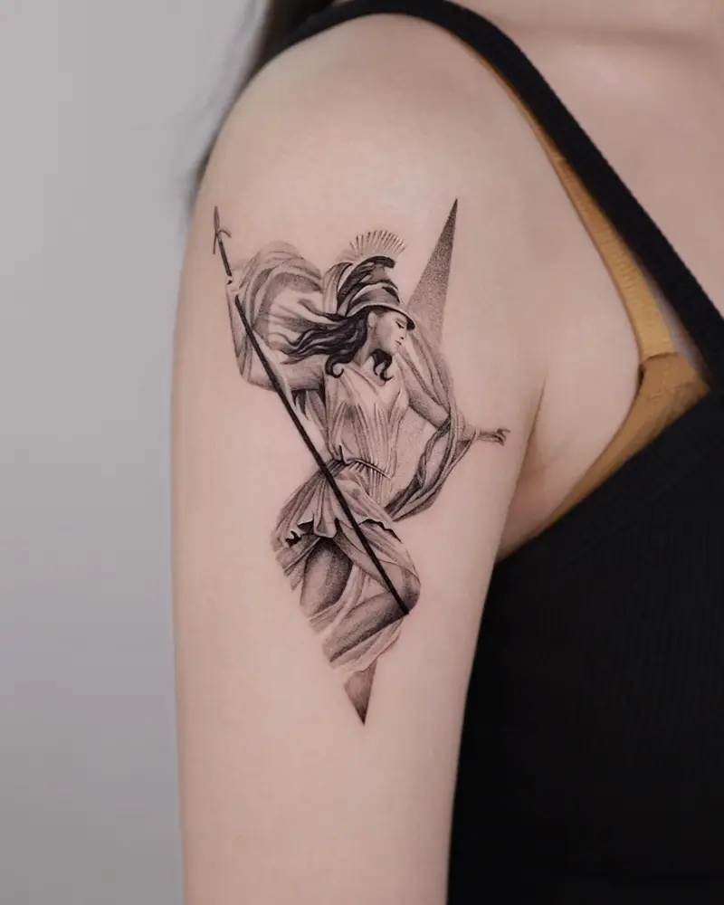 Dynamic Fine Line Athena Spear Tattoo