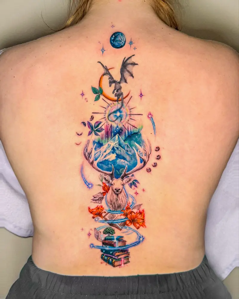 Fantasy Landscape Spine Tattoo