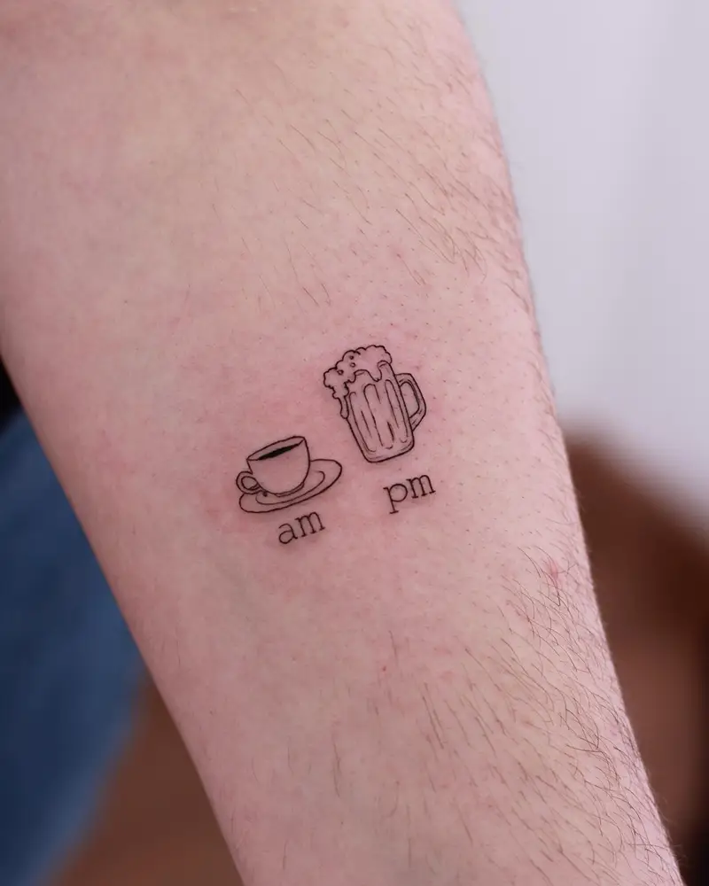 Fine Line AM PM Coffee and Beer Tattoo