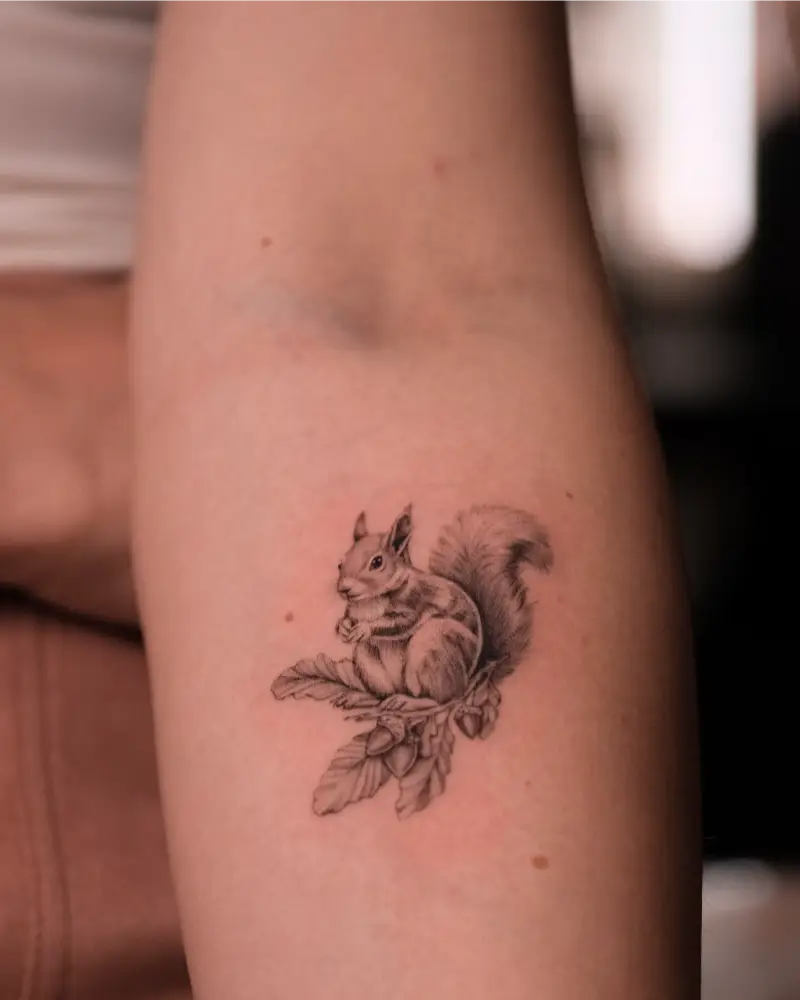 Fine Line Acorn Squirrel Tattoo