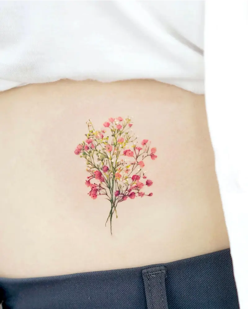 Fine Line Baby's Breath Bouquet Belly Tattoo