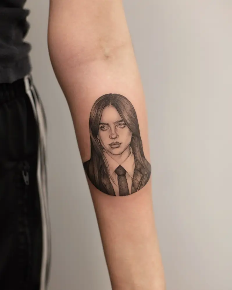 Fine Line Billie Eilish Formal Portrait Tattoo
