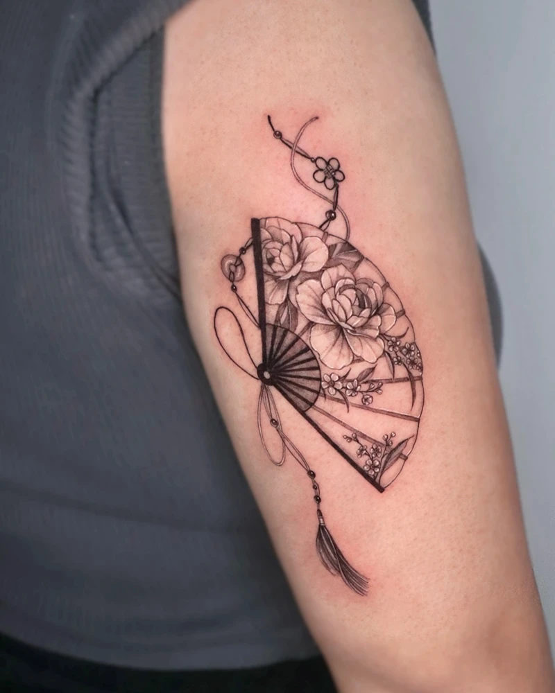 Fine Line Botanical Fan Tattoo