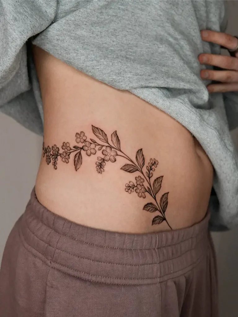 Fine Line Botanical Vine Belly Tattoo