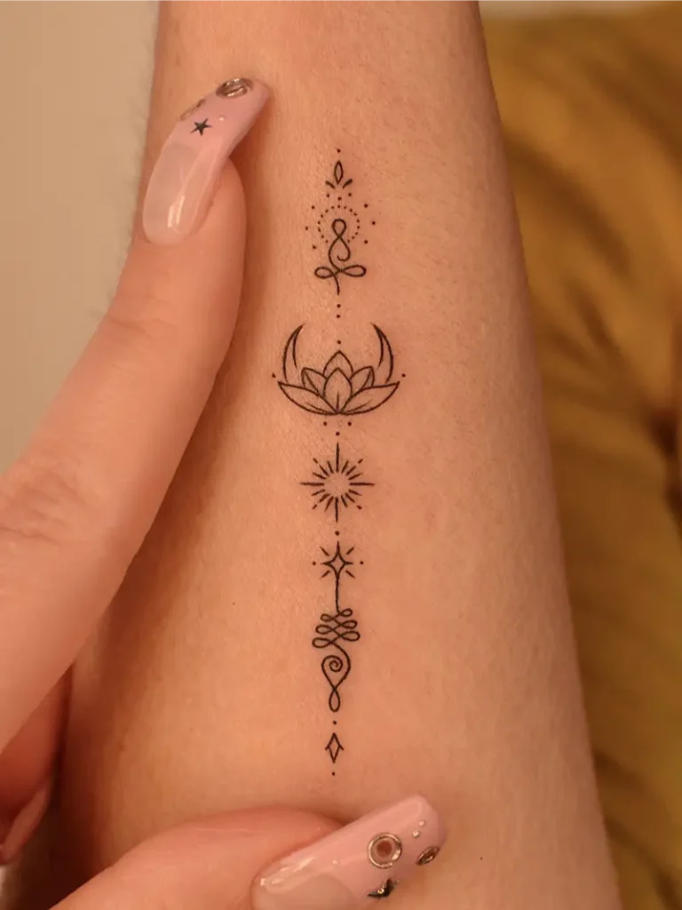 Fine Line Celestial Lotus Unalome Tattoo