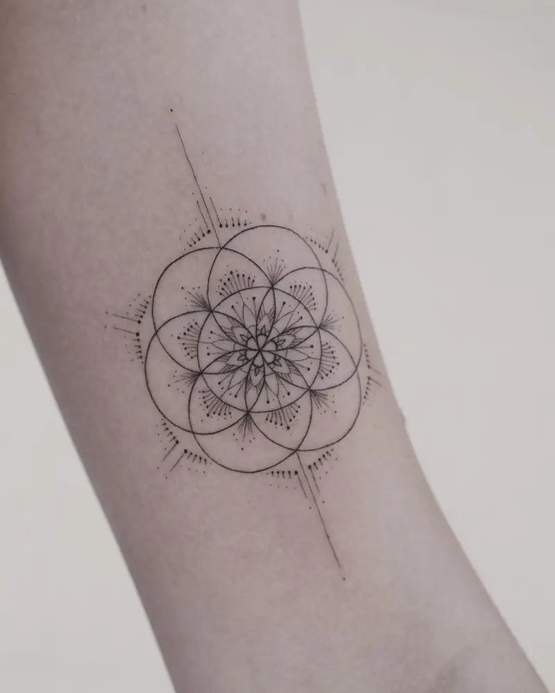 Fine Line Floral Flower of Life Tattoo