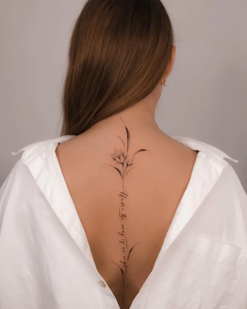 Fine Line Floral Quote Spine Tattoo