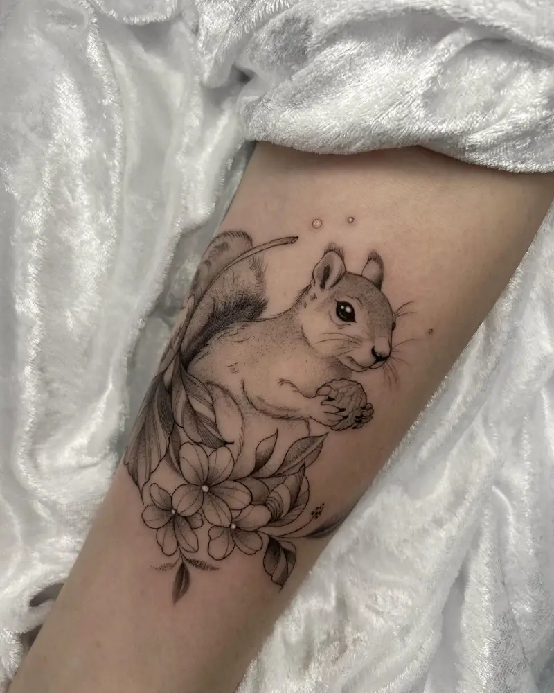 Fine Line Floral Squirrel Tattoo
