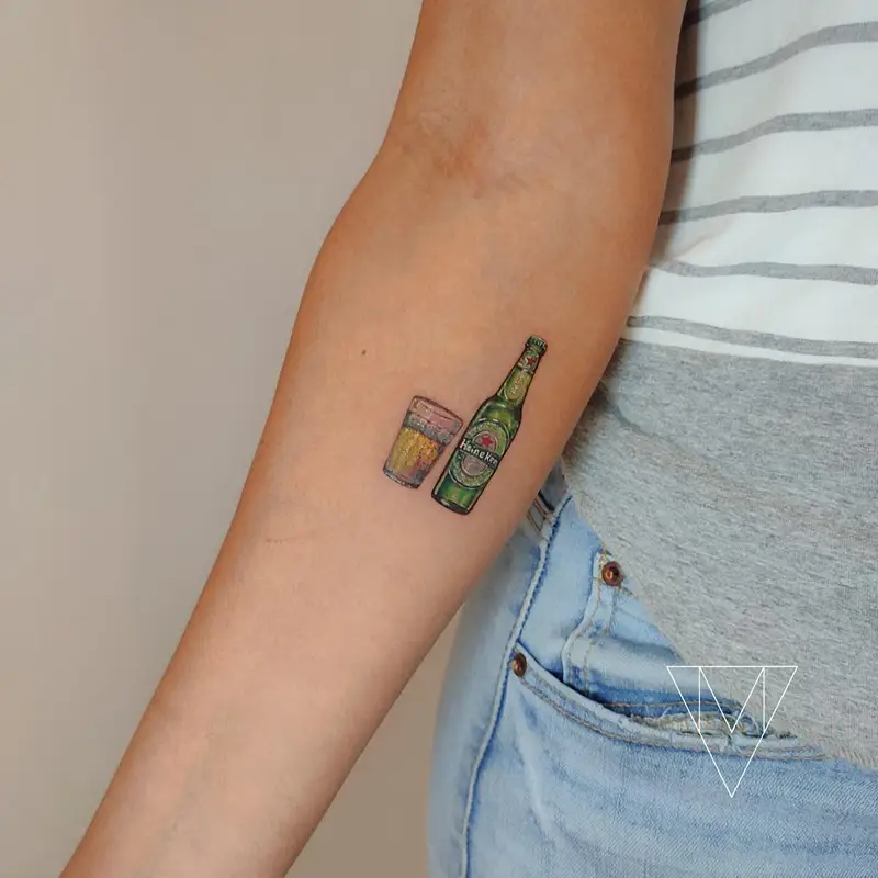 Fine Line Heineken Bottle and Pint Tattoo