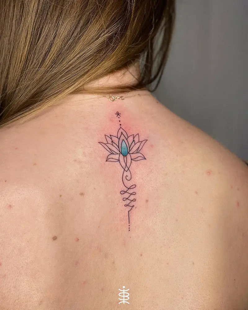 Fine Line Lotus Gem Unalome Tattoo