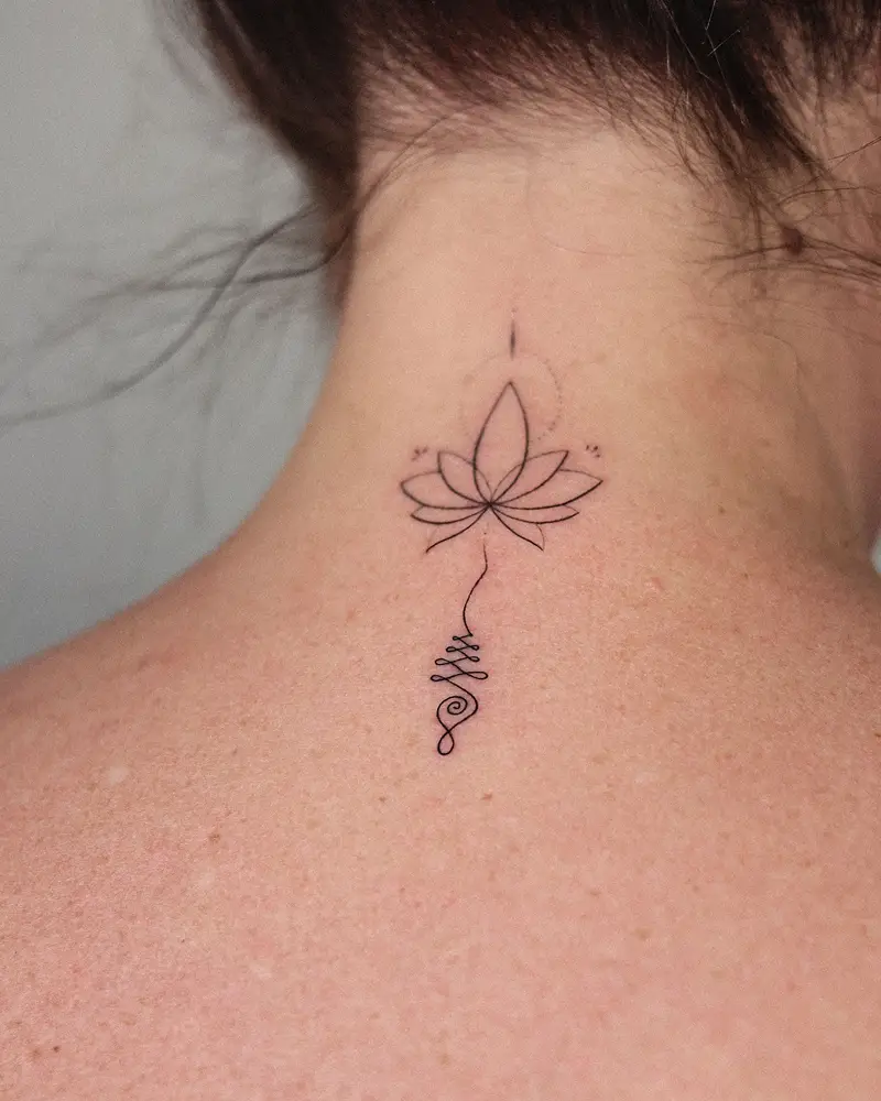 Fine Line Lotus Neck Tattoo