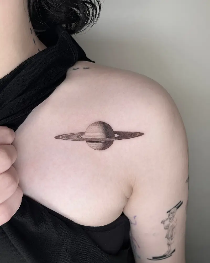 Fine Line Saturn Shoulder Tattoo