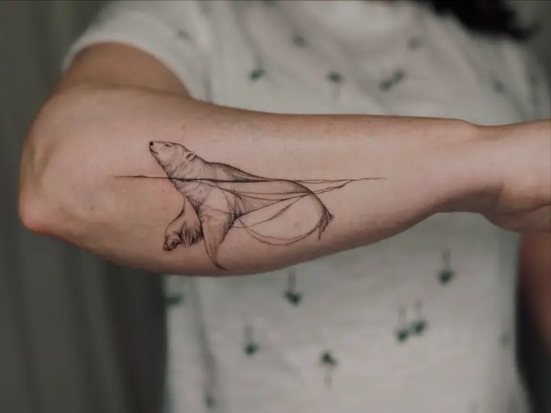 Fine Line Swimming Polar Bear Tattoo