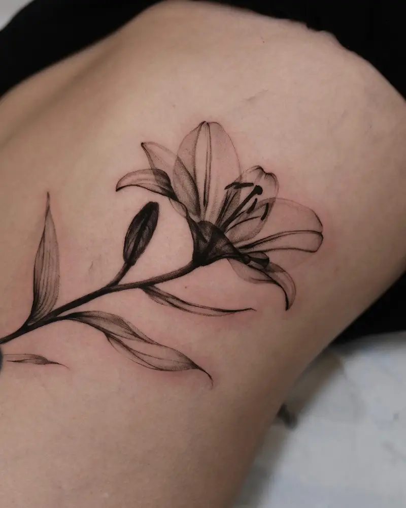 Fine Line X-Ray Lily Belly Tattoo