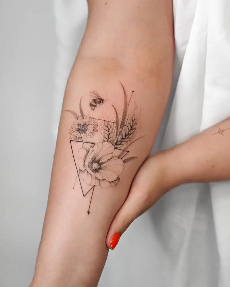 Floral Bee Triangle Tattoo