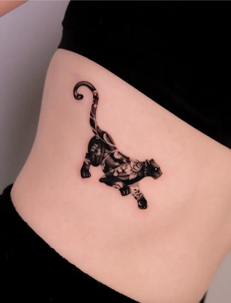 Floral Panther Silhouette Belly Tattoo