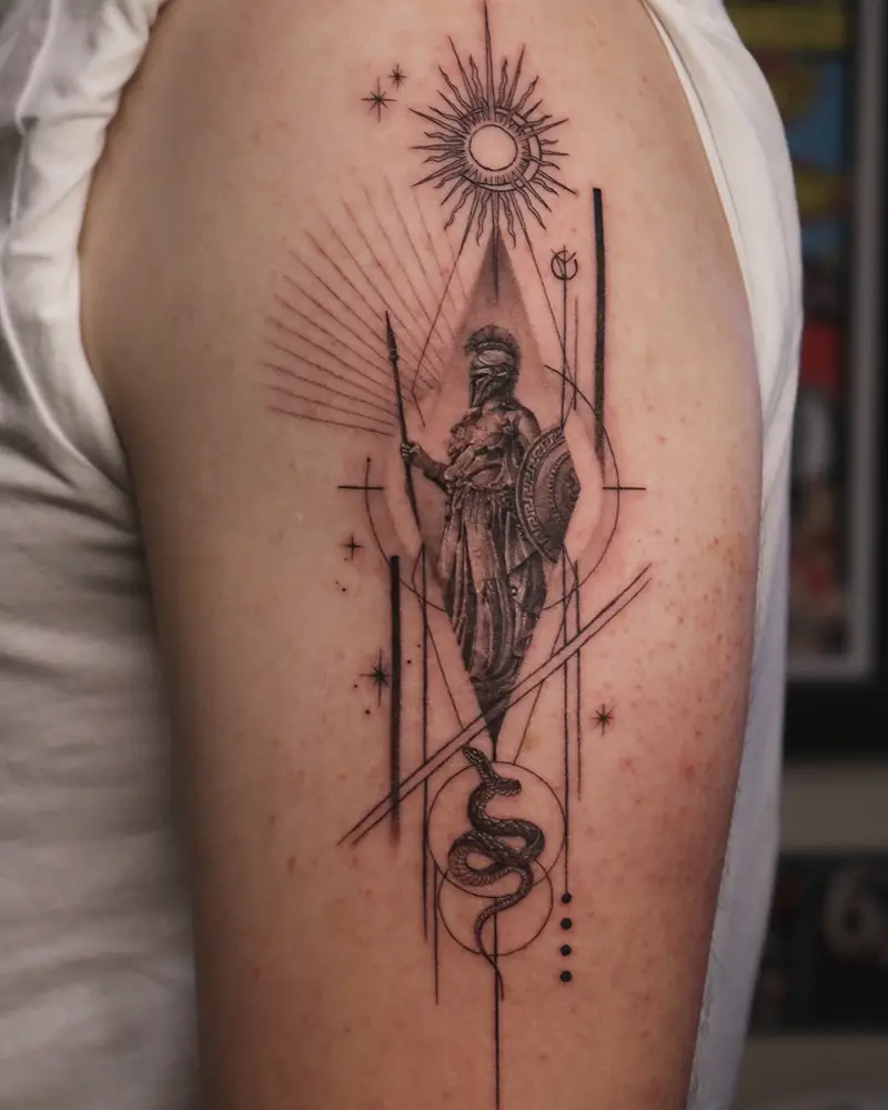 Geometric Athena, Serpent and Sun Tattoo