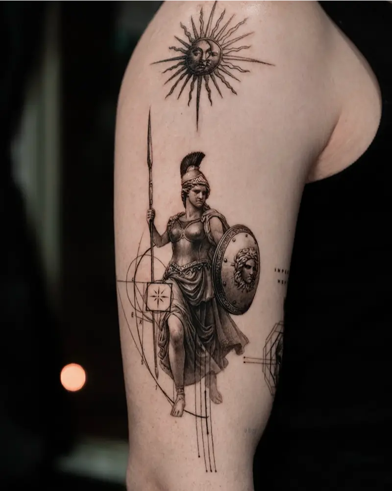 Geometric Athena and Medusa Shield Tattoo