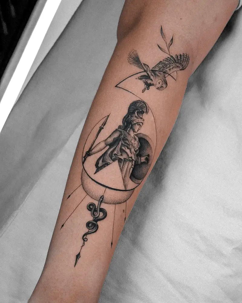Geometric Fine Line Athena Composition Tattoo