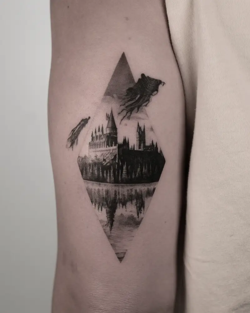 Geometric Hogwarts Castle and Dementor Tattoo