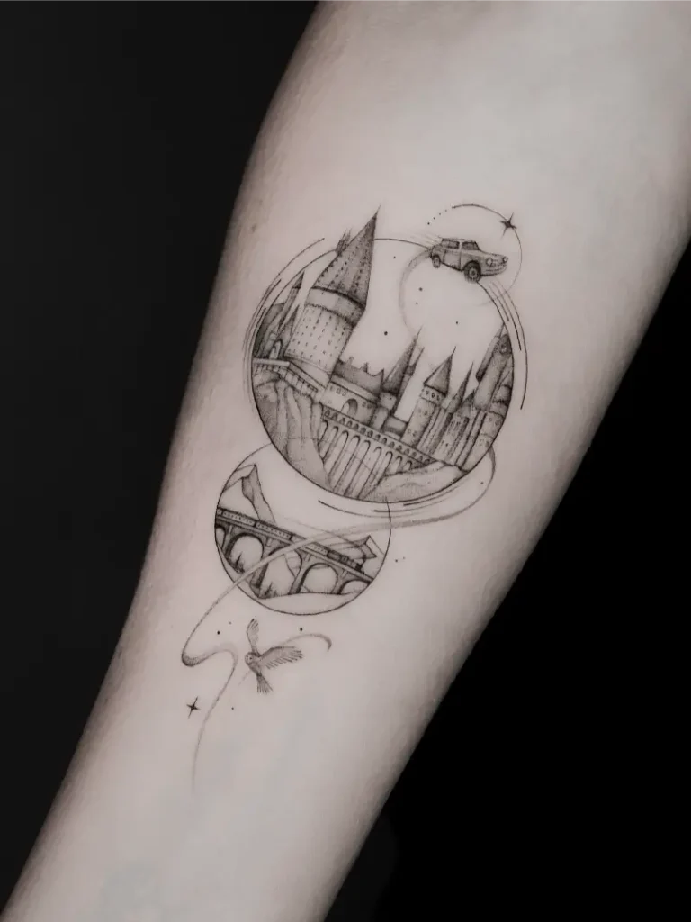 Geometric Hogwarts and Hedwig Tattoo